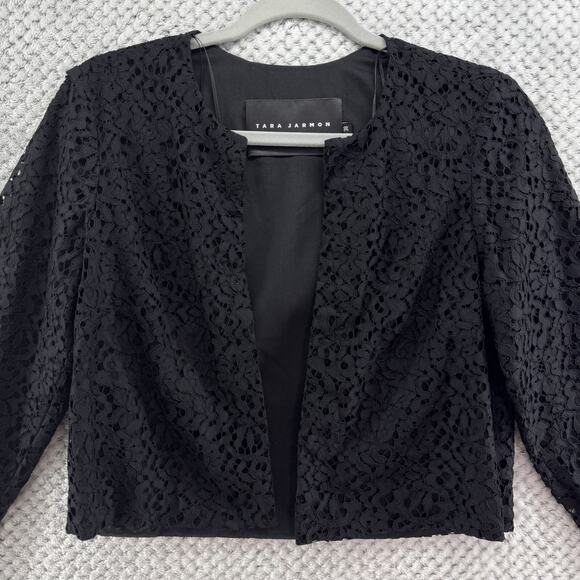 Tara Jarmon Cardigan Women 38 Black Lace Eye Lash Open Front Cropped Crew Neck - Picture 3 of 12
